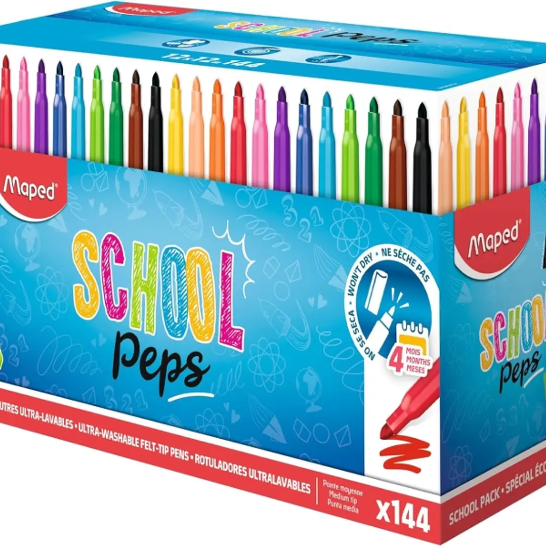 Maped Color`Peps Longlife School Pack de 144 Rotuladores con Punta Media Bloqueada 3.7mm - Tinta Lavable - Colores Surtidos 1