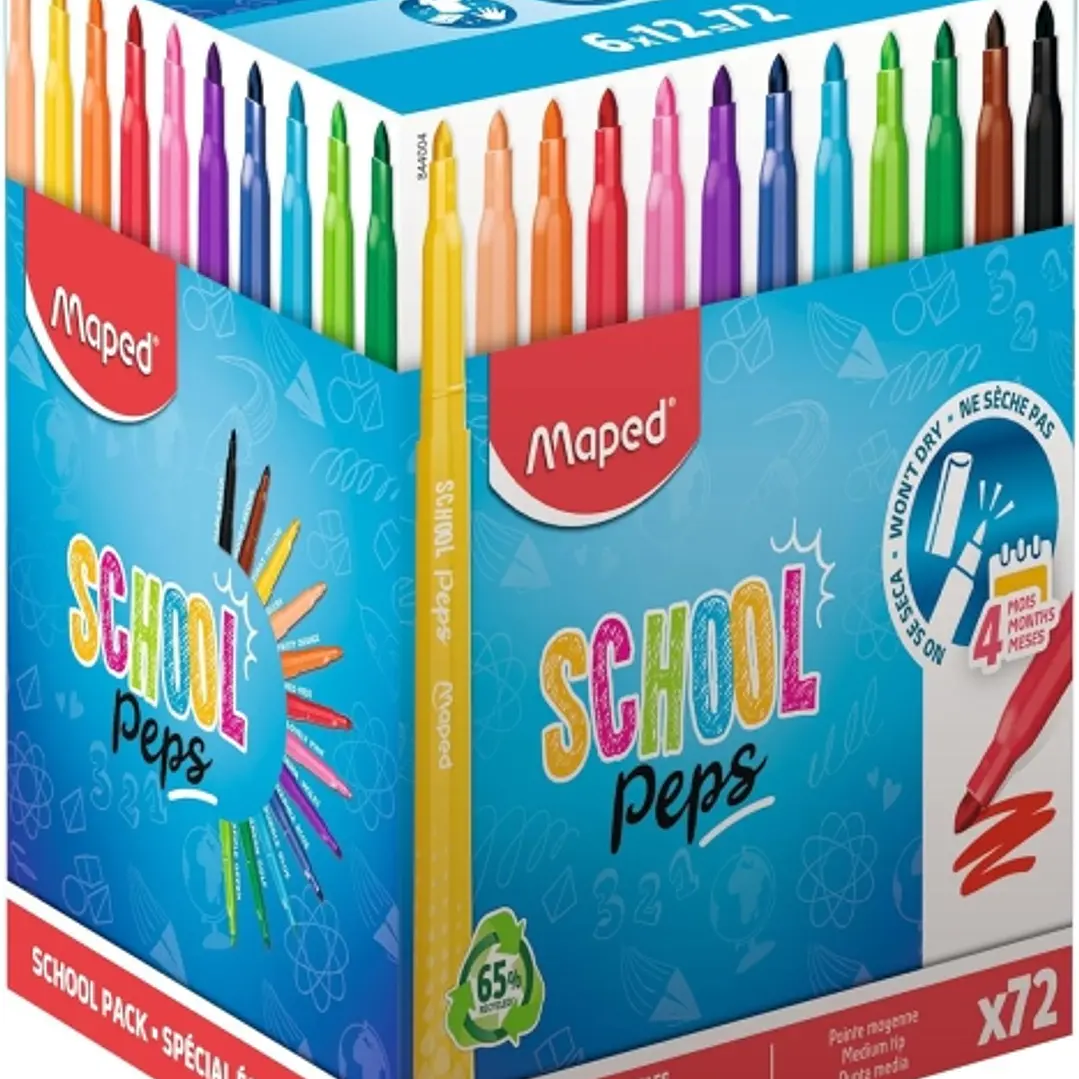 Maped Color`Peps Longlife School Pack de 72 Rotuladores con Punta Media Bloqueada 3.7mm - Tinta Lavable - Colores Surtidos 1
