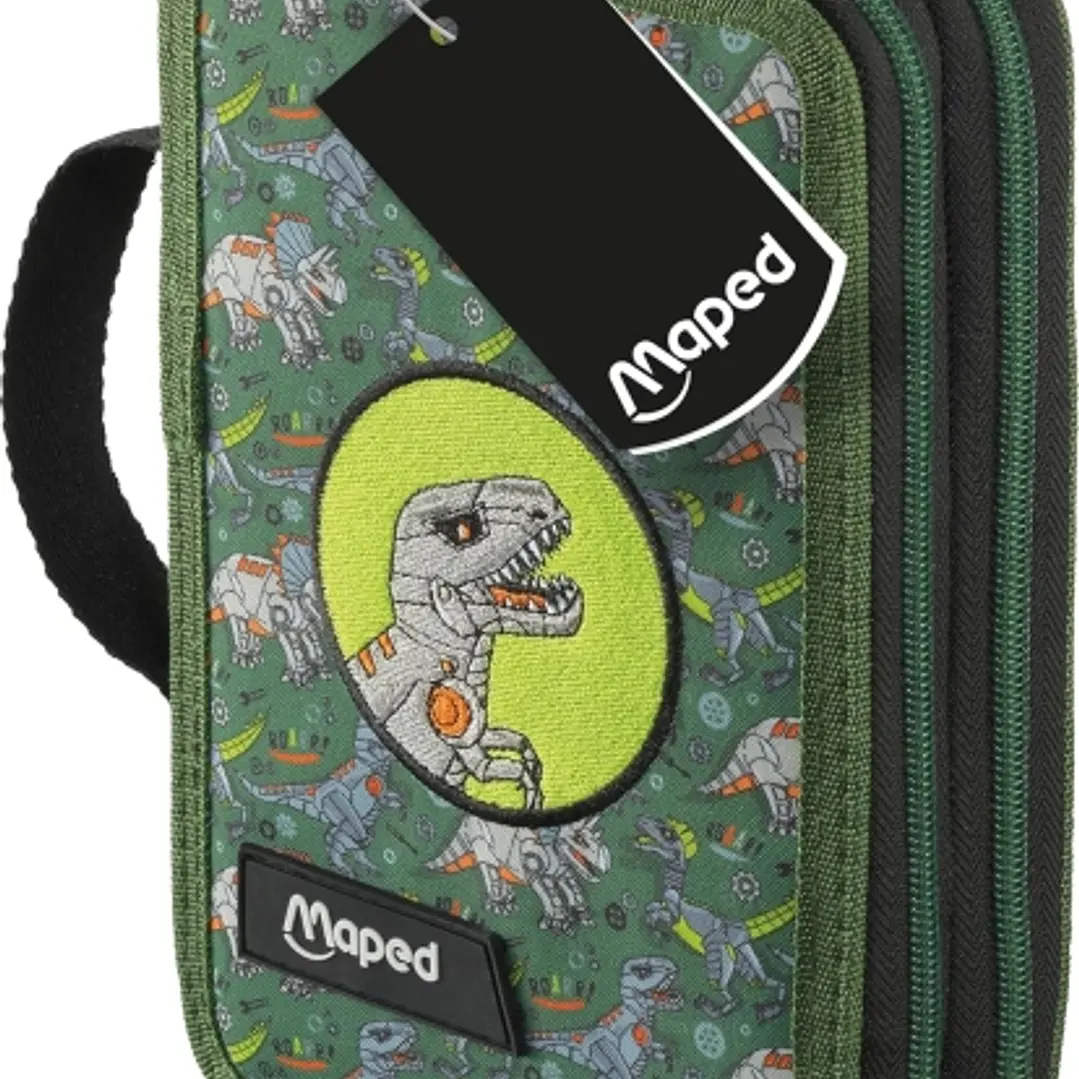 Maped Dinosaurio Estuche de 2 Pisos con 38 Articulos: Goma de Borrar, Sacapuntas, Lapiz de Grafito HB, 2 Boligrafos, Regla, 18 Lapices de Colores, 12  1