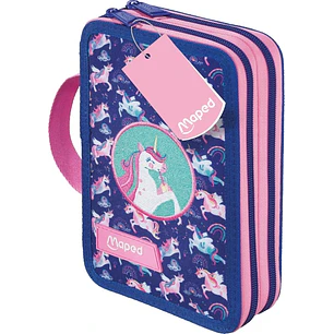 Maped Unicornio Estuche de 2 Pisos con 38 Articulos: Goma de Borrar, Sacapuntas, Lapiz de Grafito HB, 2 Boligrafos, Regla, 18 Lapices de Colores, 12 R