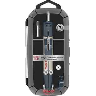 Maped Nº421 Since 1947 Compas Bigotera Tecnica Rapida - Diametro Maximo 34cm - Fabricado en Metal - Incluye Adaptador y Estuche de Minas