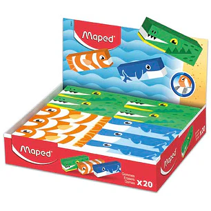 Maped Expositor de 20 Gomas de Borrar con 3 Diseños de Animales - Forma Rectangular - Sin Ftalatos - Colores Surtidos