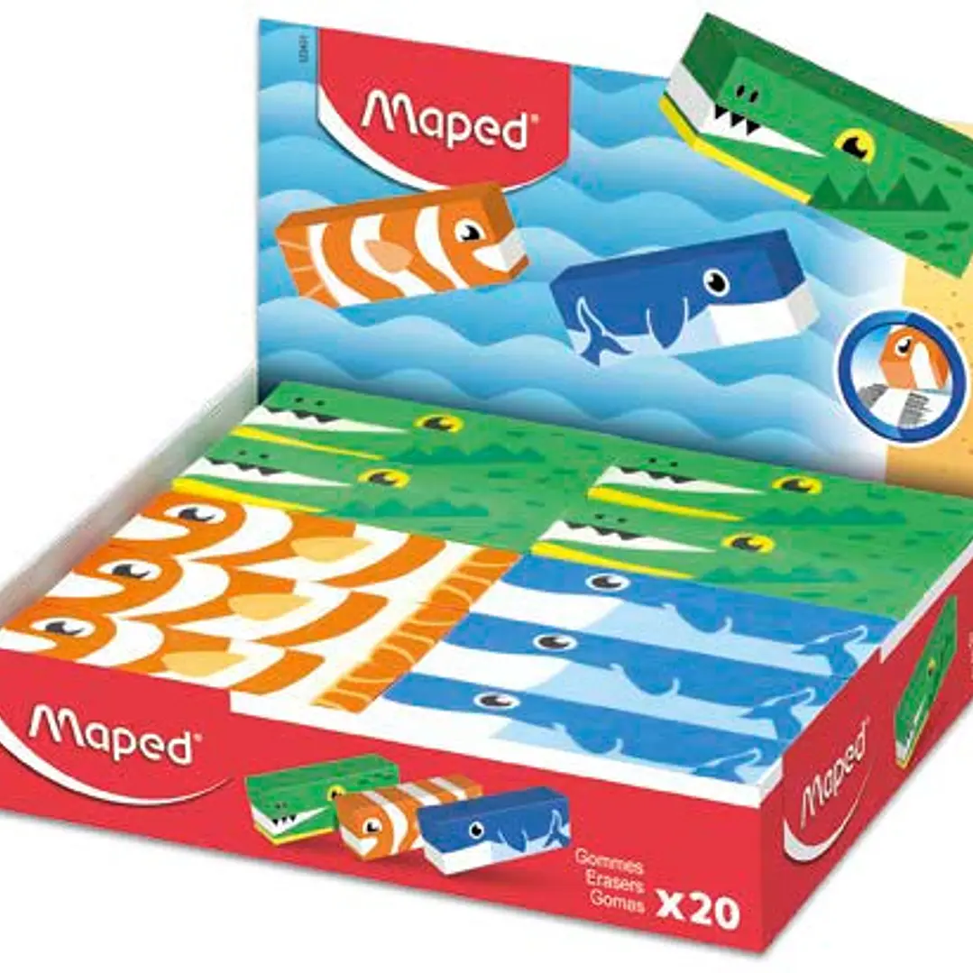 Maped Expositor de 20 Gomas de Borrar con 3 Diseños de Animales - Forma Rectangular - Sin Ftalatos - Colores Surtidos 1
