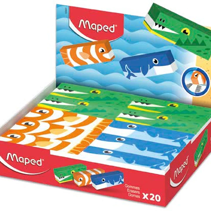 Maped Expositor de 20 Gomas de Borrar con 3 Diseños de Animales - Forma Rectangular - Sin Ftalatos - Colores Surtidos 1