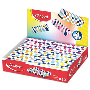 Maped Expositor de 20 Gomas de Borrar con 3 Diseños Damero - Forma Rectangular - Sin Ftalatos - Colores Surtidos