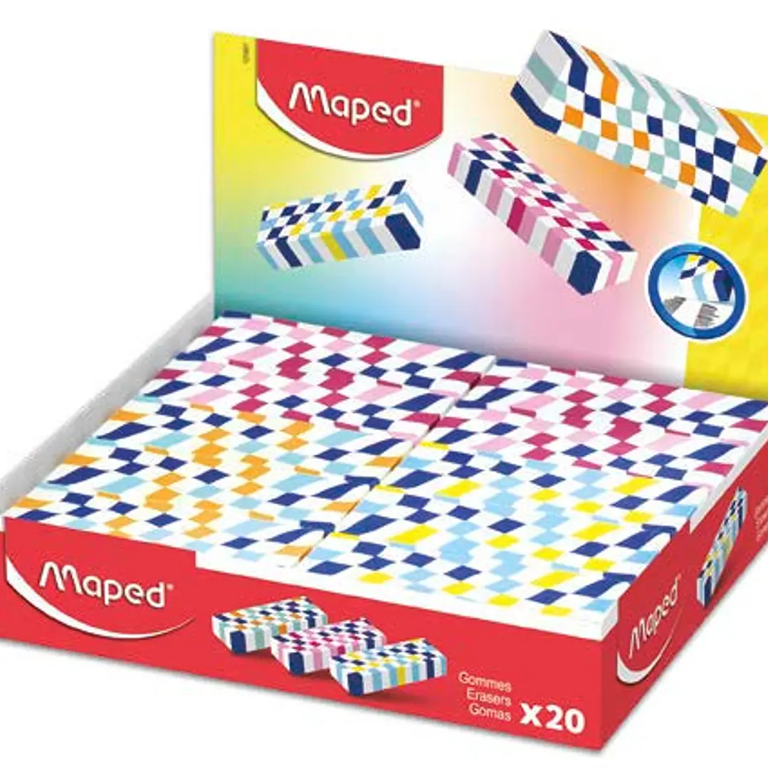 Maped Expositor de 20 Gomas de Borrar con 3 Diseños Damero - Forma Rectangular - Sin Ftalatos - Colores Surtidos 1