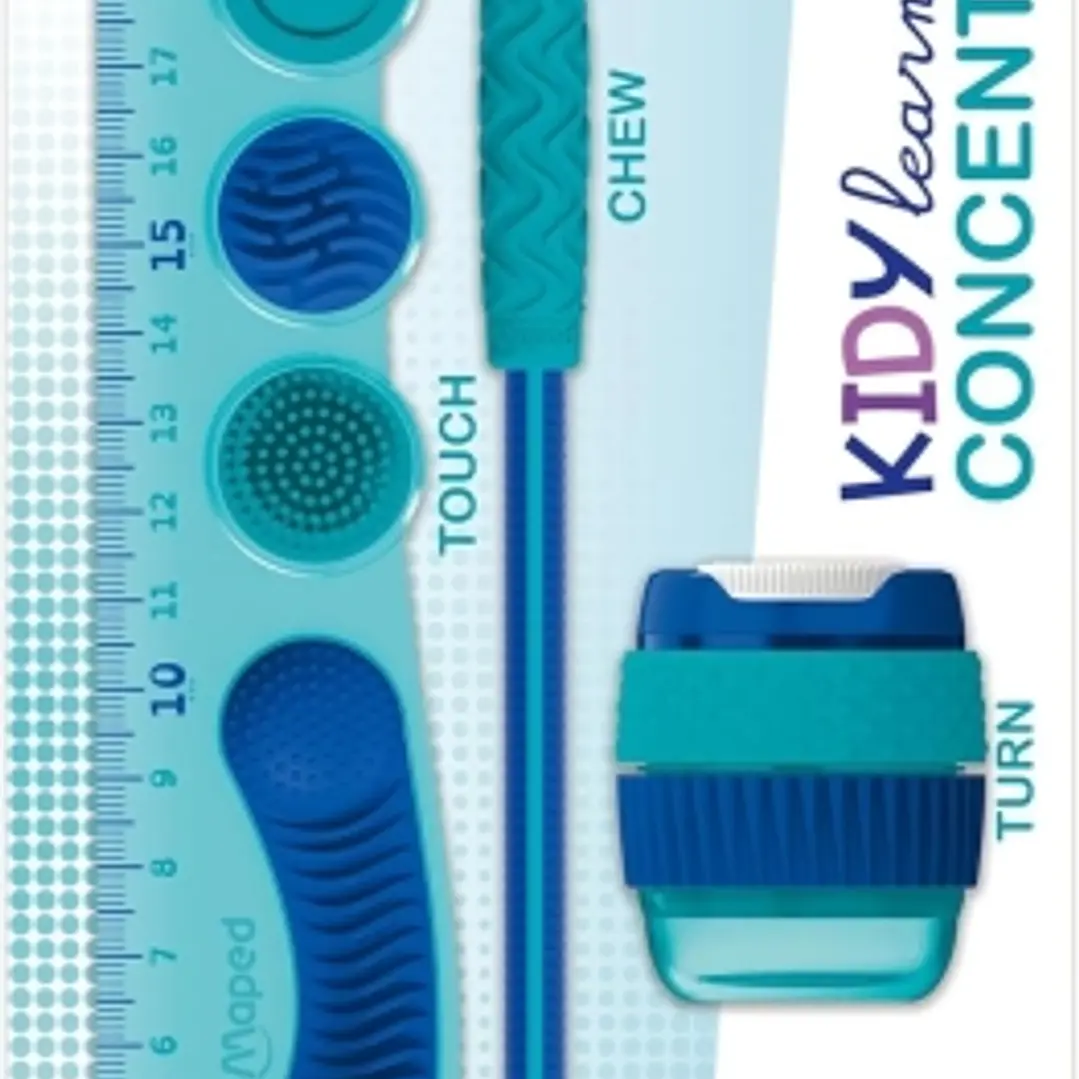 Maped Kidy Lern Concentration Pack con Regla 20cm + Sacapuntas + Goma de Borrar + Lapiz - Diseñados para Ayudar a la Concentracion - Zonas Tactiles Se 1