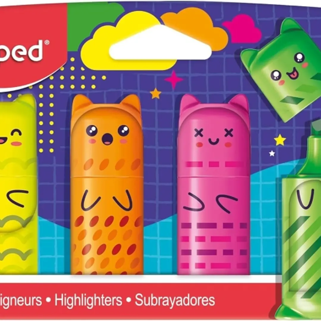 Maped Kawaii Pack con 4 Mini Marcadores Fluorescentes Neon - Divertidos Diseños Kawaii - Trazo de 1 a 5mm - Ideal para Subrayar y Resaltar - Colores S 1