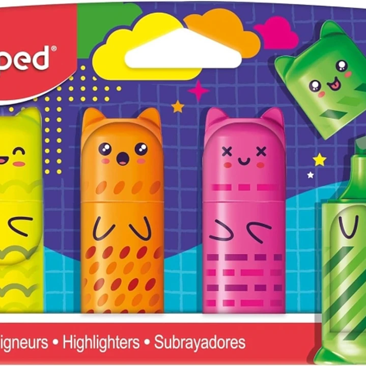 Maped Kawaii Pack con 4 Mini Marcadores Fluorescentes Neon - Divertidos Diseños Kawaii - Trazo de 1 a 5mm - Ideal para Subrayar y Resaltar - Colores S 1
