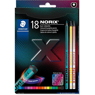 Staedtler Norix 186 Pack de 16 Lapices de Colores HB + 2 Lapices de Grafito - Madera Negra - Mina de Grafito - Diseño Inteligente - Para Escribir, Dib