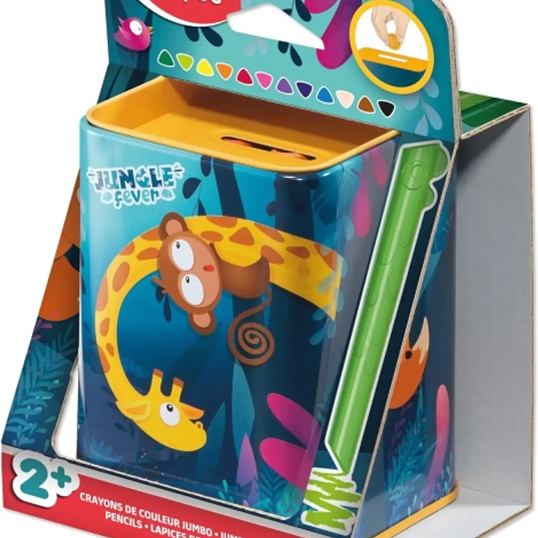 Maped Color`Peps Infinity Jumbo Jungle Caja Metalica con 12 Lapices de Colores de Larga Duracion - La Caja tiene Funcion de Hucha - Hecho Totalmente d 1