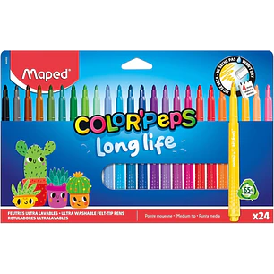 Maped Color`Peps Longlife Pack de 24 Rotuladores con Punta Media Bloqueada 3.7mm - Tinta Lavable - Colores Surtidos