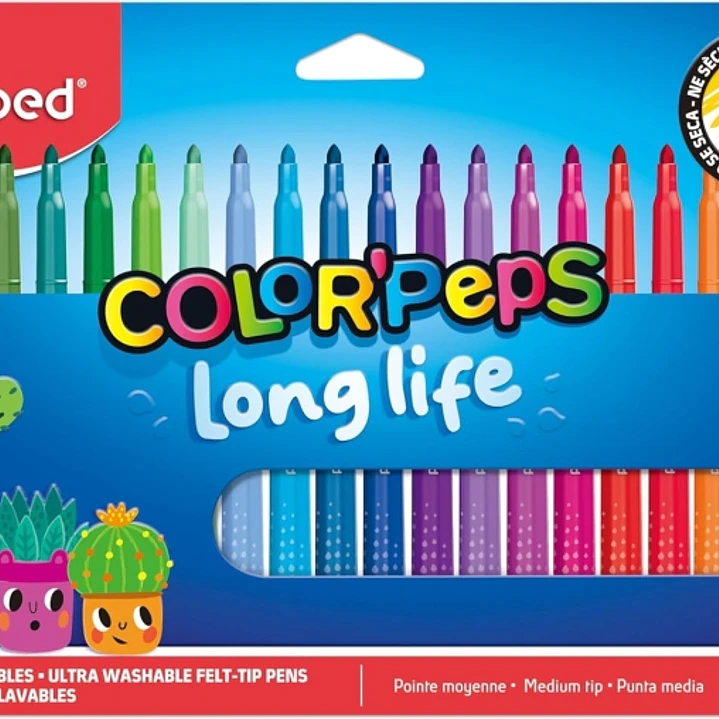 Maped Color`Peps Longlife Pack de 24 Rotuladores con Punta Media Bloqueada 3.7mm - Tinta Lavable - Colores Surtidos 1