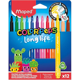 Maped Color`Peps Longlife Pack de 12 Rotuladores con Punta Media Bloqueada 3.7mm - Tinta Lavable - Colores Surtidos