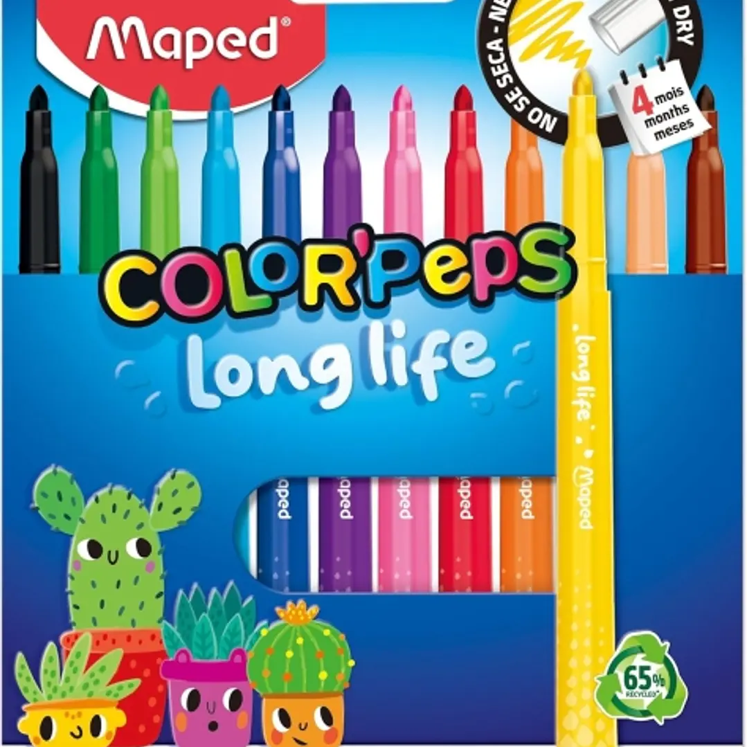 Maped Color`Peps Longlife Pack de 12 Rotuladores con Punta Media Bloqueada 3.7mm - Tinta Lavable - Colores Surtidos 1