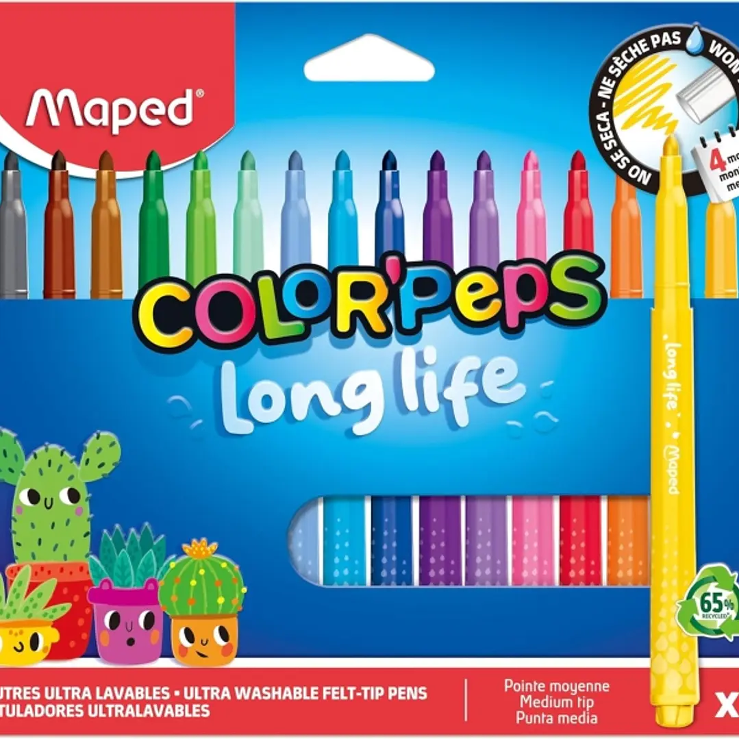 Maped Color`Peps Longlife Pack de 18 Rotuladores con Punta Media Bloqueada 3.7mm - Tinta Lavable - Colores Surtidos 1