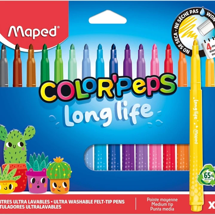 Maped Color`Peps Longlife Pack de 18 Rotuladores con Punta Media Bloqueada 3.7mm - Tinta Lavable - Colores Surtidos 1