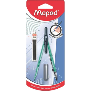 Maped Duo+Pen Pack de Compas Duo + Cajita de Minas - Compas que se puede Utilizar como Portaminas - Clip de Bolsillo - Colores Surtidos Aleatorios