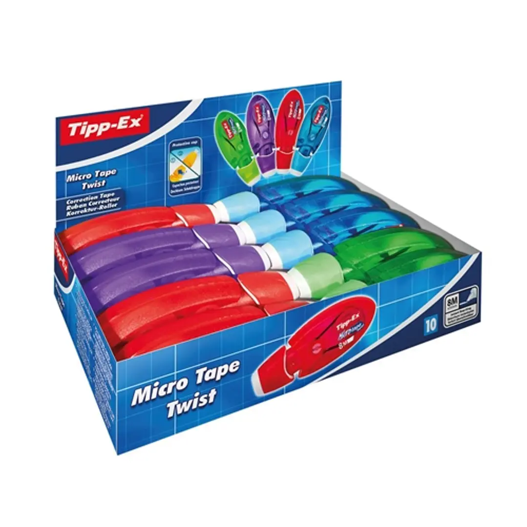 Tipp-Ex Micro Tape Twist Expositor con 10 Cintas Correctoras 5mm x 8m - Cabezal Rotativo - Escritura Instantanea - Colores Surtidos 1