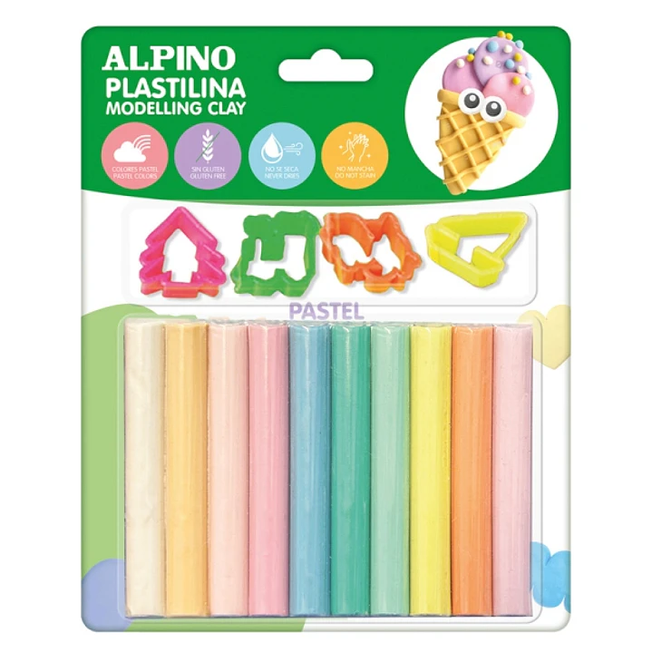 Alpino Pack con 10 Barras de Plastilina 17gr + 4 Moldes - Muy Flexible - Pueden Mezclarse - Sin Gluten - Colores Pastel Surtidos 1