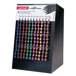 Uni-ball PIN Expositor con 168 Rotuladores de Colores y Calibrados Surtidos - Punta Poliacetal - Tinta Pigmentada Resistente al Agua y Luz