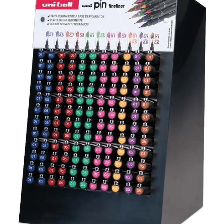 Uni-ball PIN Expositor con 168 Rotuladores de Colores y Calibrados Surtidos - Punta Poliacetal - Tinta Pigmentada Resistente al Agua y Luz 1