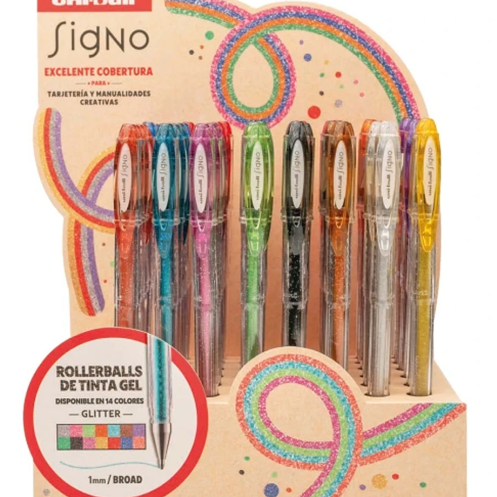Uni-ball Signo Sparkling UM-120SP Expositor con 48 Rollers de Tinta Gel + 50 Tarjetas Kraft Gratis - Punta de Bola 1mm - Tinta Pigmentada Resistente a 1