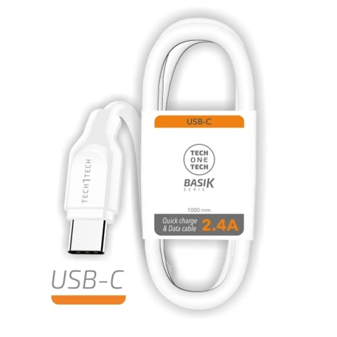 TechOneTech Cable BASIK USB-A Macho a USB-C Macho 1m - Recubierto Nylon Trenzado Blanco 1