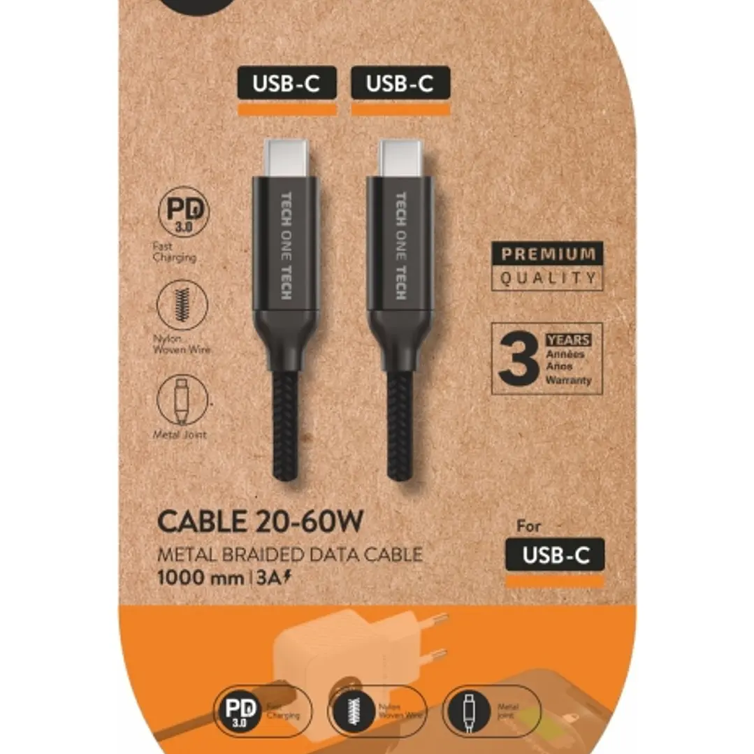 TechOneTech Cable USB-C Macho a USB-C Macho 1m - Recubierto de Nylon Trenzado Negro 1