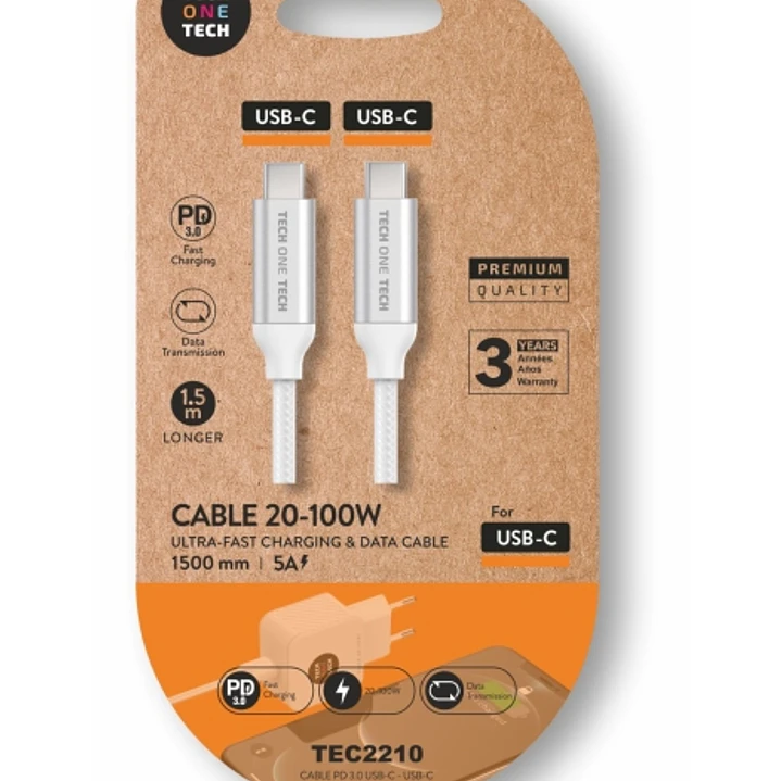 TechOneTech Cable USB-C Macho a USB-C Macho 1m - Recubierto de Nylon Trenzado Blanco 1