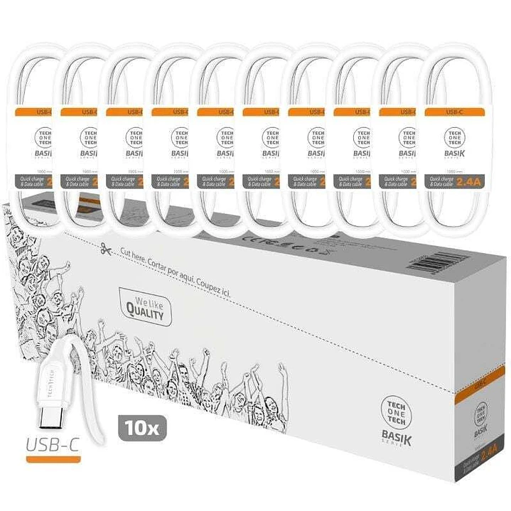 TechOneTech Basik Pack de 10 Cables USB-A Macho - USB-C Macho - Longitud 1m 1