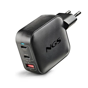 NGS Bud Tiny Cargador GaN Universal de Pared 100W Ultrarrapido - 2x USB-C PD & PPS, 1x USB-A QC 3.0 - Color Negro