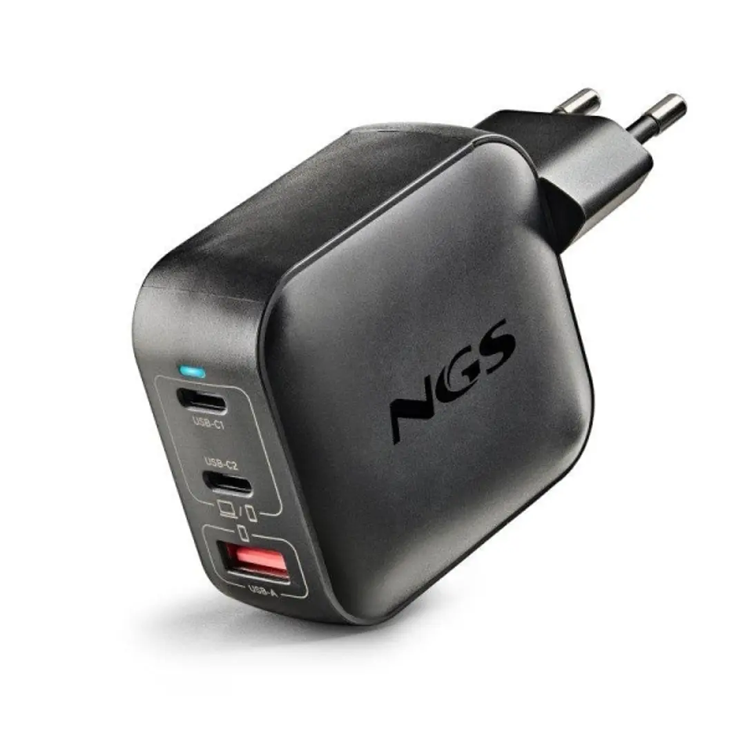 NGS Bud Tiny Cargador GaN Universal de Pared 100W Ultrarrapido - 2x USB-C PD & PPS, 1x USB-A QC 3.0 - Color Negro 1
