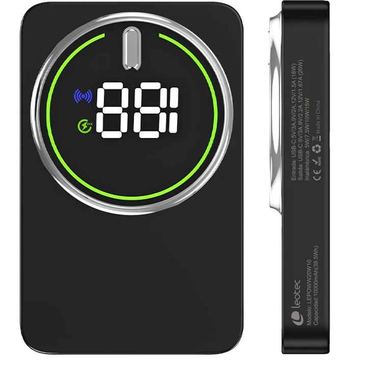 Leotec Powerbank Inalambrico 10.000 mAh -  PD 20W - Qi 15W - Color Negro 1