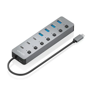 Aisens Hub USB-C 3.2 Gen2 10G - 4xUSB-A - 3xUSB-C - 1xUSB-C PD3.0 100W - Botones de Encendido/Apagado en Cada Puerto - 30cm - Color Gris