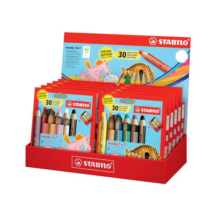 Stabilo Woody 3 en 1 30º Aniversario Unicornio y Tigre Expositor con 10 Packs de 6 Lapices de Colores + Sacapuntas - Lapiz de Color, Cera y Acuarela,  1
