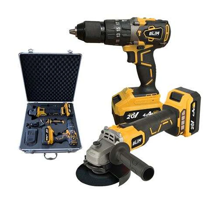 Blim Pack Radial a Bateria 20V 4Ah Velocidad 8500rpm Diametro Disco 115mm + Taladro Percutor 20V 4Ah Par Maximo 68Nm Velocidades 0-500rpm y 0-2000rpm  1