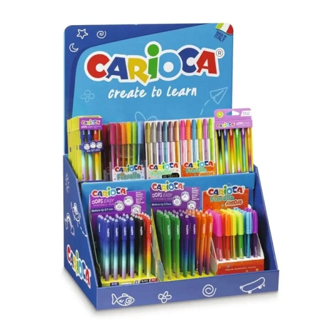 Carioca Expositor Fiorella Incluye 5 OOPS Easy Blister de 3uds Blue Red, 7 OOPS Easy Blister de 6uds, 7 Fiorella Metallic de 6uds, 7 Fiorella Neon de  1