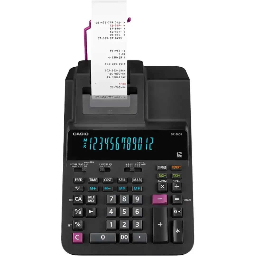 Casio DR-200R Calculadora Impresora de Sobremesa con Pantalla Grande de 12 Digitos - Impresion en 2 Colores - 4,4 Lineas por Segundo - Color Negro 1