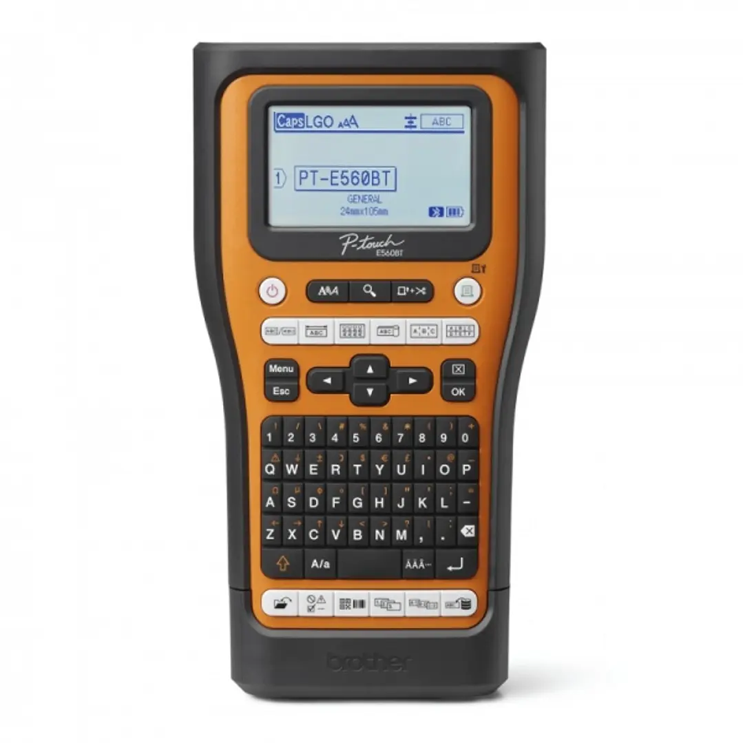 Brother PT-E560BTVP Rotuladora Electronica Bluetooth - Con Conexion a PC - Pantalla LCD - Ancho Max. de Cinta 18mm - Color Negro/Naranja 1