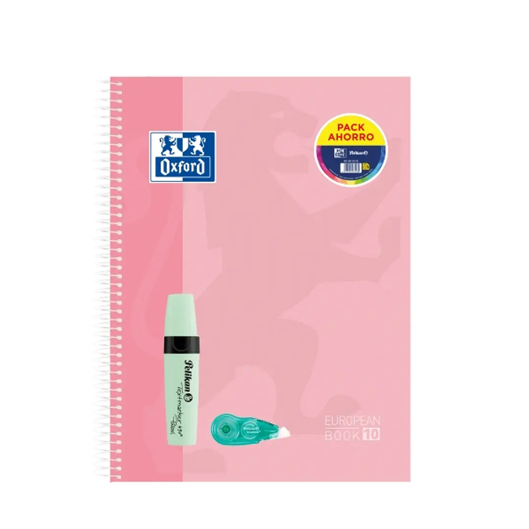 Oxford Europeanbook 10 Touch Cuaderno A4+ Cuadriculado 5x5mm 150 Hojas + Marcador Texmarker 490 Pastel Pelikan + Corrector Fancy Roller Pelikan - Tapa 1
