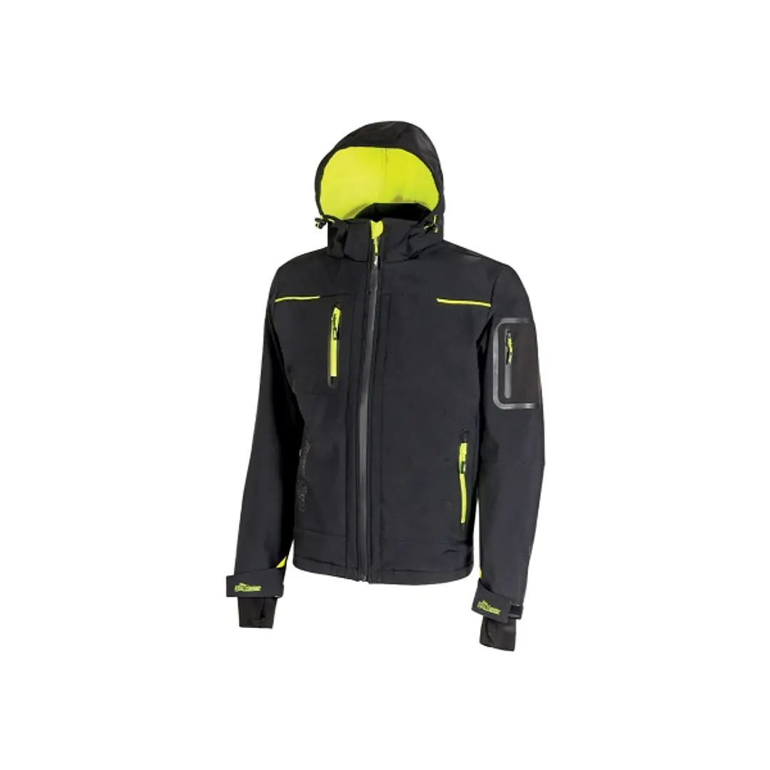 Upower Space Chaqueta Softshell Impermeable - Talla S - Transpirable, a Prueba de Viento, Forro Micropolar, Capucha Desmontable, Cremalleras Fluoresce 1