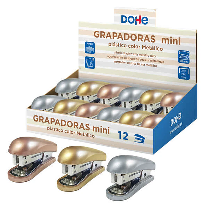 Dohe Expositor de 12 Mini grapadoras de Sobremesa - Materiales Plasticos de Primera Calidad - Capacidad de Grapado hasta 15 Hojas - Admite grapas de 2 1