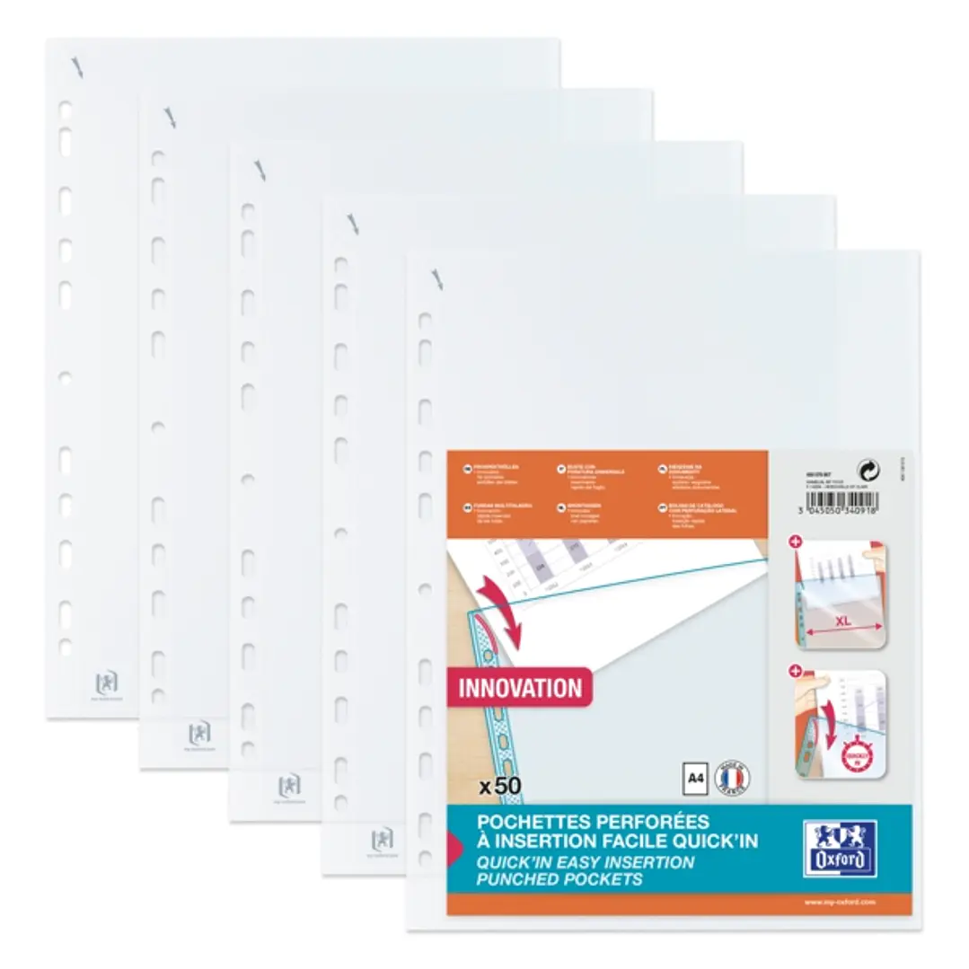 Oxford Quick'In A4 Pack de 50 Fundas Multitaladro Polipropileno Estandar Cristal 50 micras - 11 Taladros - Facil Insercion - Transparente 1