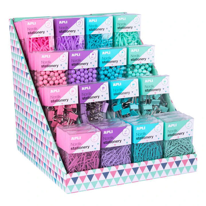 Apli Nordik Collection Expositor de Productos Basicos - Colores Pastel Surtidos - 12 Cajas de Gomas Elasticas, Pins, Clips y Pinzas - Eurohole para Co 1