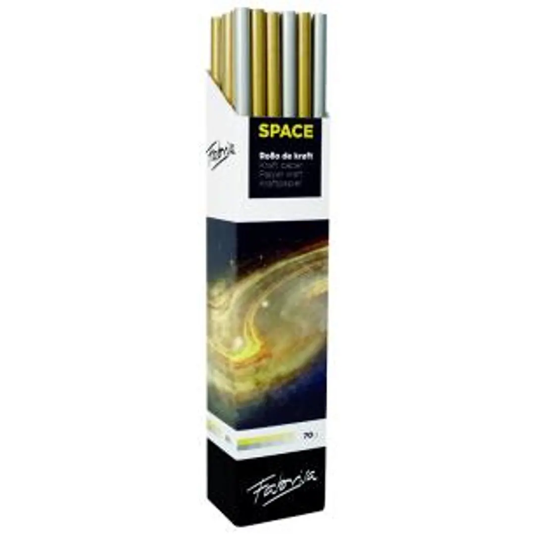 Fabrisa Space 2C Expositor de 30 Rollos de Papel Regalo - Papel Kraft Verjurado de 70gr - Medidas del Rollo 1x3m - Colores Oro y Plata 1