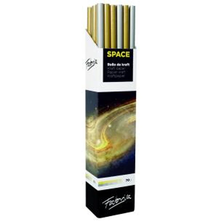 Fabrisa Space 2C Expositor de 30 Rollos de Papel Regalo - Papel Kraft Verjurado de 70gr - Medidas del Rollo 1x3m - Colores Oro y Plata 1