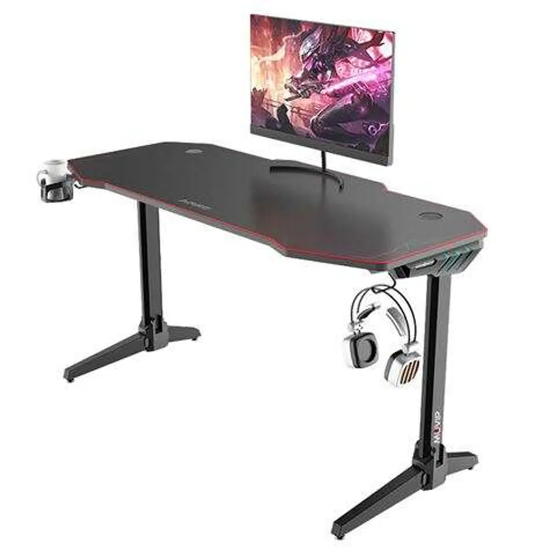 Muvip PRO800 Mesa Gaming XL Fibra de Carbono con Luz RGB - Solida - Alfombrilla 140cm - Portavasos - Gancho para Auriculares - Medidas 140x60x75cm - C 1