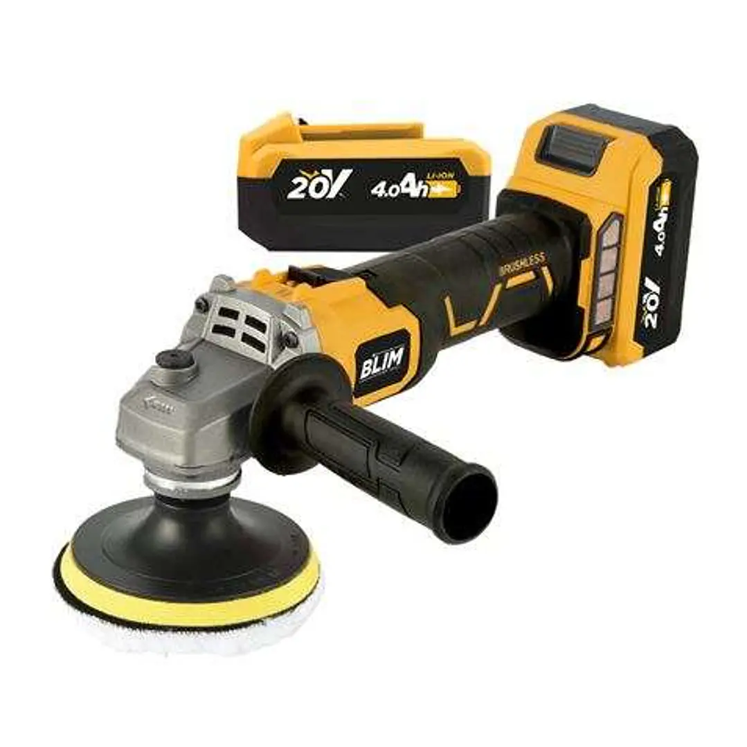 Blim Radial a Bateria 115mm 20V 4Ah + Kit de Pulido - Motor sin Escobillas - Velocidad 1000/3000/4500/8500rpm - Agarre Ergonomico - Incluye 2 Baterias 1