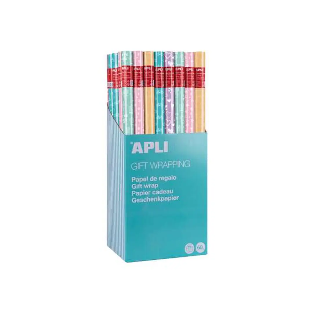 Apli Expositor de 55 Rollos de Papel Regalo Nordik Fun - 11 Rollos por Color - Medidas del Rollo 0.70x2m - 5 Diseños 1